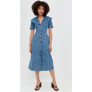Aligne Sparrow Light Wash Cotton Shawl Collar Denim Midi Dress 2 NWT $190